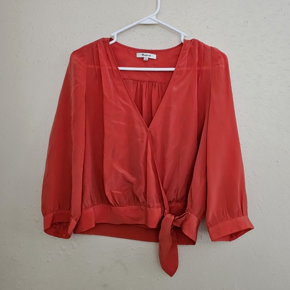 Madewell Front Tie Coral Long Sleeve Blouse